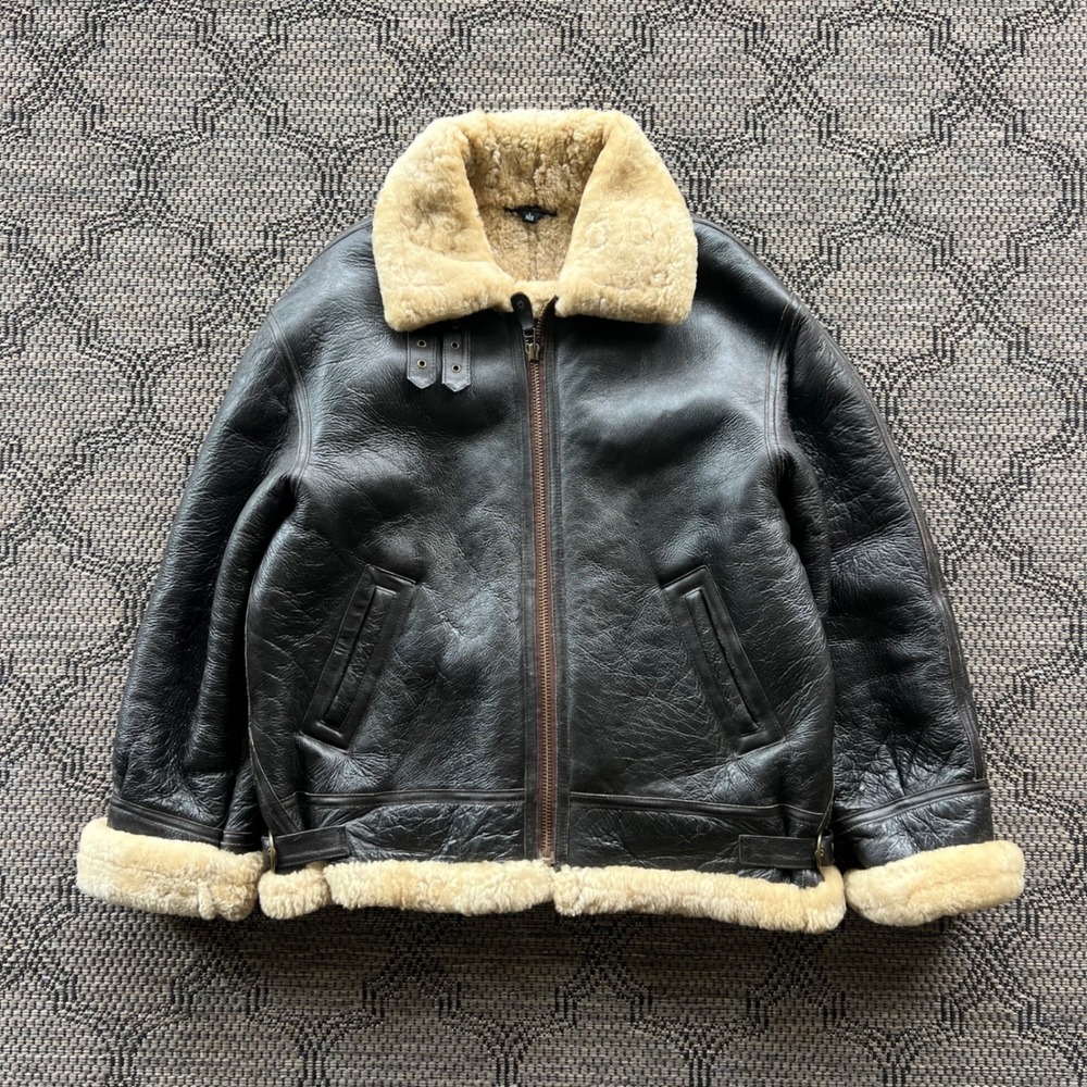 VTG Cabela's Jacket Mens Large Brown B-3 Leather Bomber Sheepskin Shearling